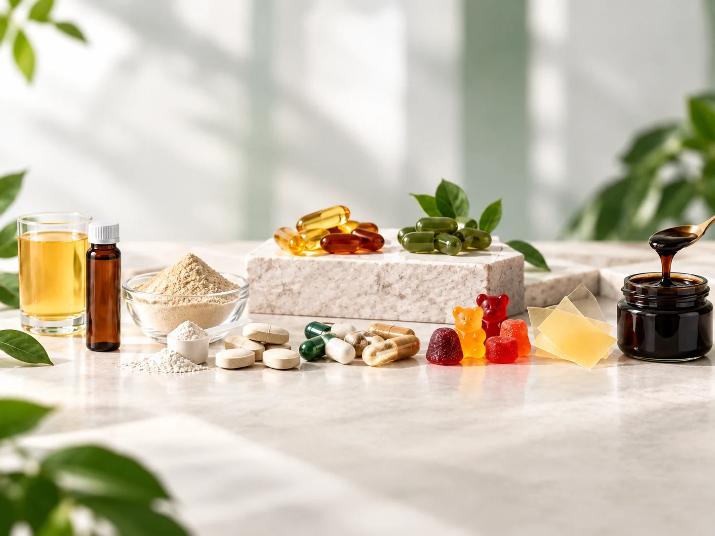 Unbranded assortment of gummies, softgels, capsules, tablets, powder, liquid and oral-film formats