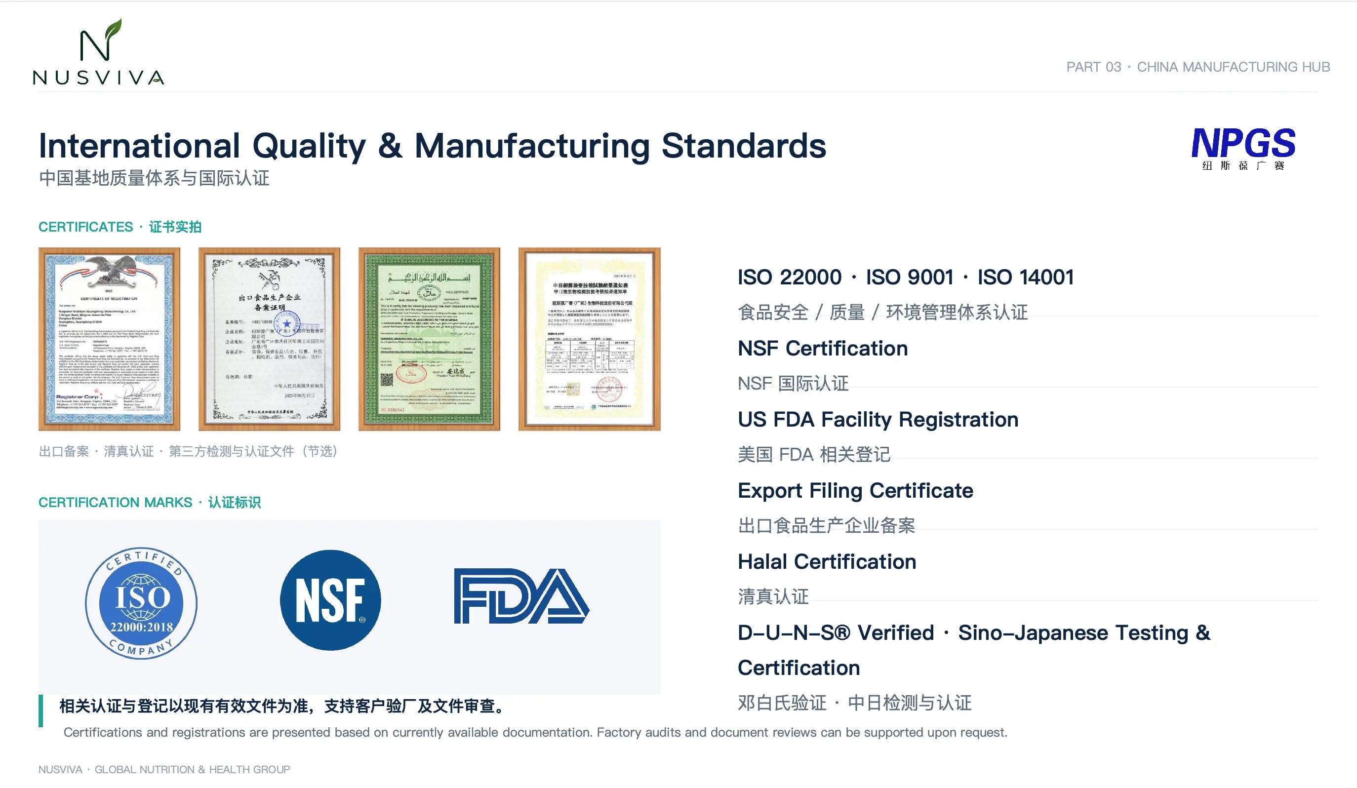 International Quality and Manufacturing Standards — customer-supplied overview