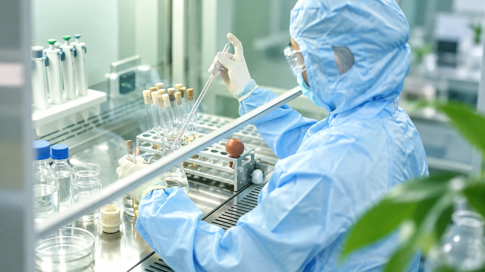 Laboratory specialist reviewing product samples in a controlled workspace